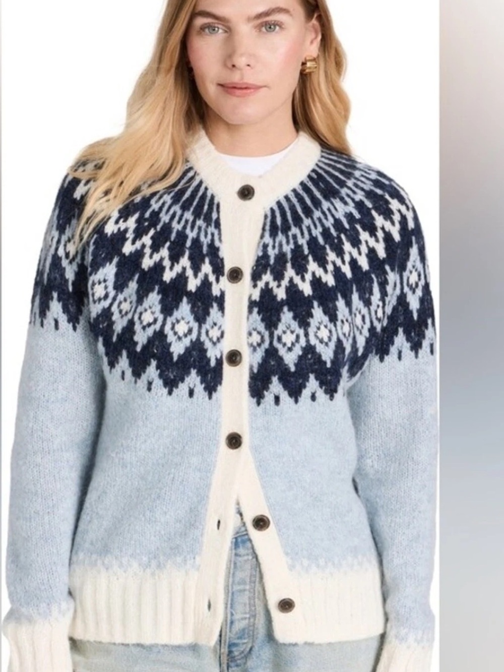 Alex Mill Light Blue and Navy Nordic Knit Cardigan Sweater small